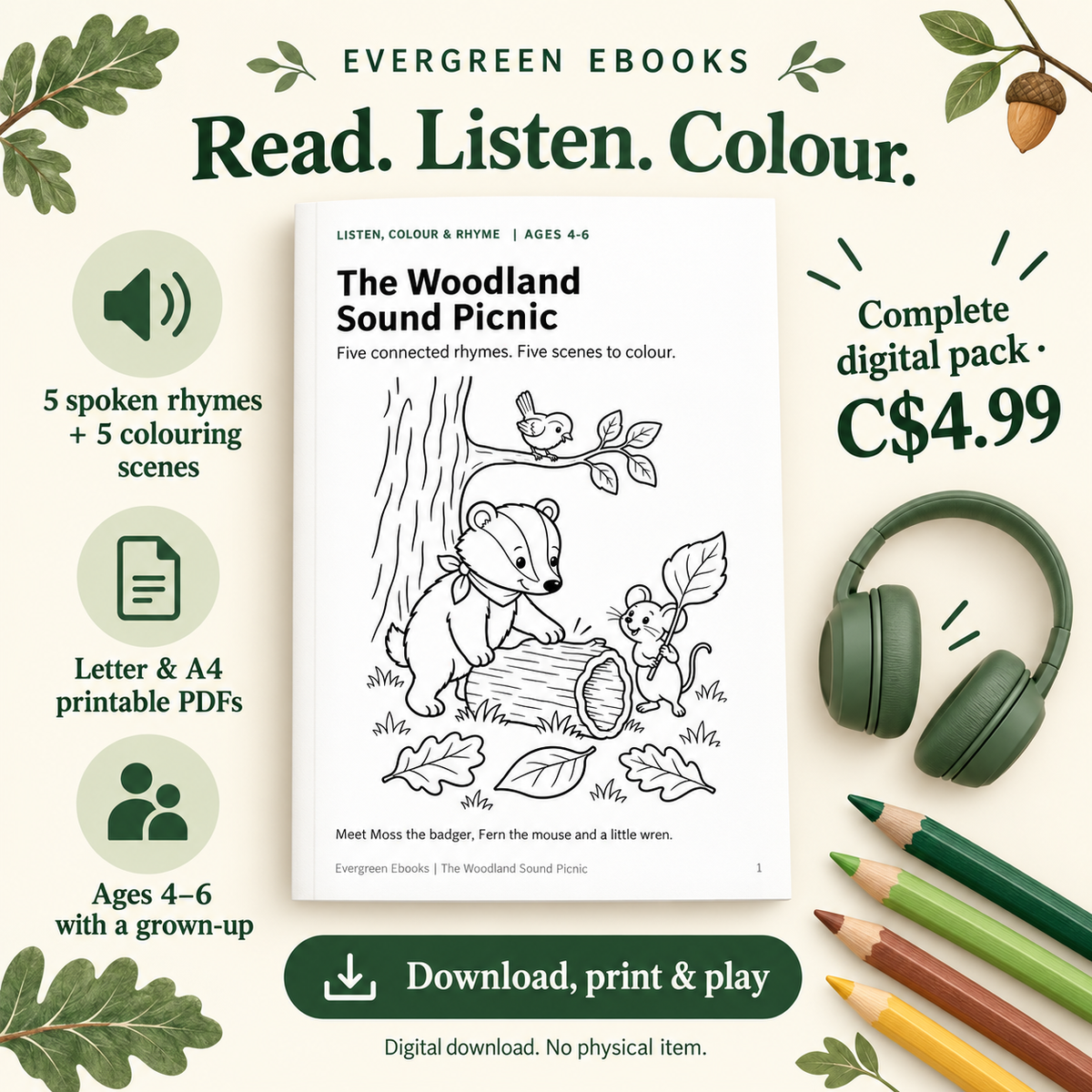 Woodland Sound Picnic digital pack: five spoken rhymes and colouring scenes, Letter and A4 PDFs, ages 4–6 with an adult, C$4.99. Headphones and pencils are illustrative props, not included.