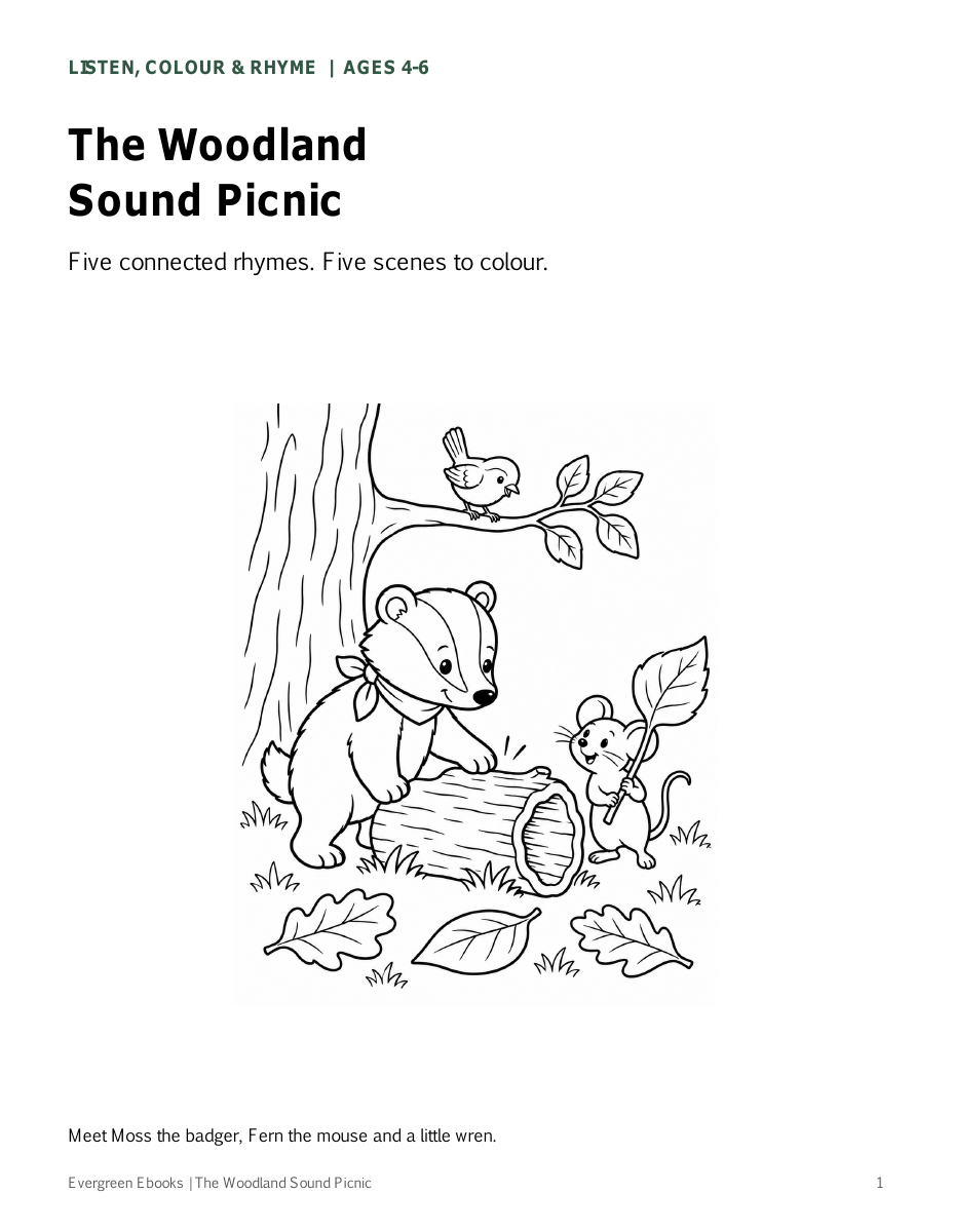 The Woodland Sound Picnic cover with Moss the badger, Fern the mouse and a wren